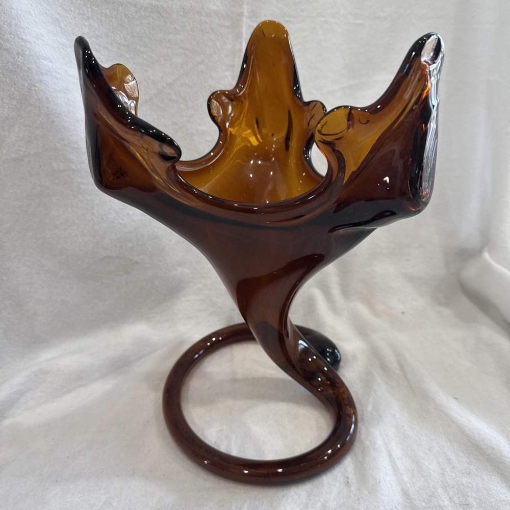 VTG MCM Sooner Hand Blown Art Glass Tulip Trumpet Vase Brown Coiled Base 11x7"